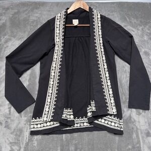 Lucky Brand Cardigan Womens L Black Embroidered Open Front Boho Knit Sweater